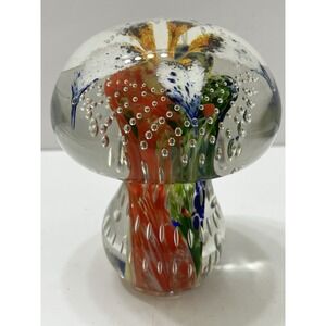 Vintage Wheaton Art Glass Mushroom Paperweight Blue Yellow Orange Bubbles 4"